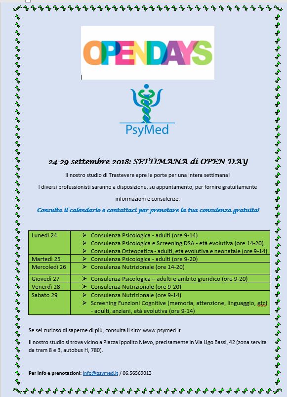 Open day: Psicologo, Osteopata e Nutrizionista a Roma